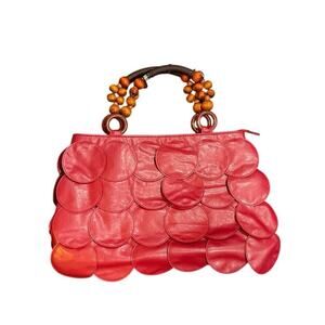 Stylish Red Faux Leather Vinyl Handbag Wooden Beaded Handle Boho Indie Arsty